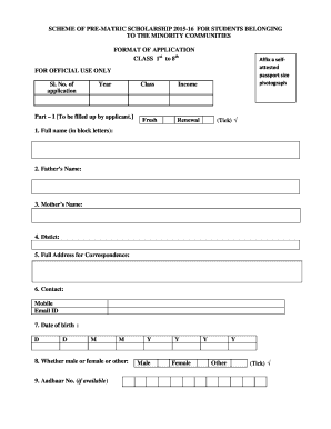 Scheme of Pre Matric Scholarship for Students Belonging to the Minority Communities Form