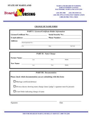 Name Change Form Maryland Board of Nursing