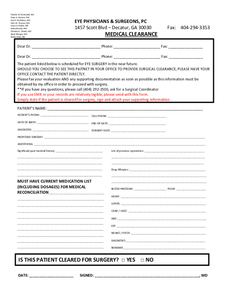Surgical Clearance Form Printable