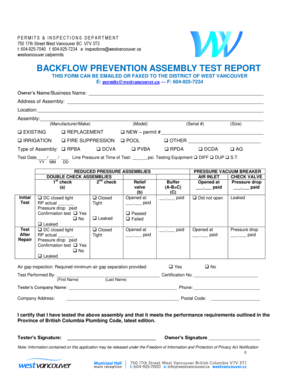 BACKFLOW PREVENTION ASSEMBLY TEST REPORT West Vancouver Westvancouver  Form