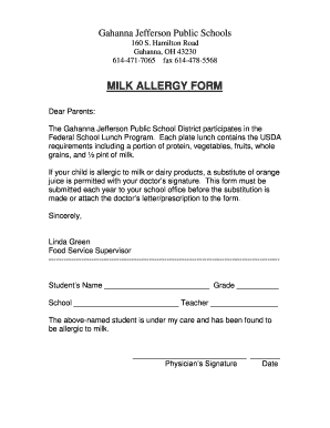 MILK ALLERGY FORM Gahannaschoolsorg