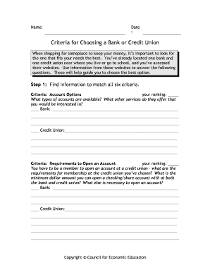 Criteria for Choosing a Bank or Credit Union Worksheet Answers  Form