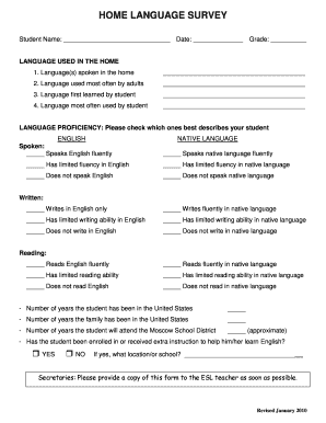 HOME LANGUAGE SURVEY Moscow School District Msd281  Form