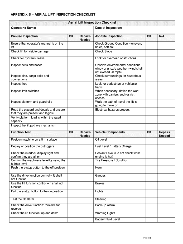 APPENDIX B AERIAL LIFT INSPECTION CHECKLIST  Form