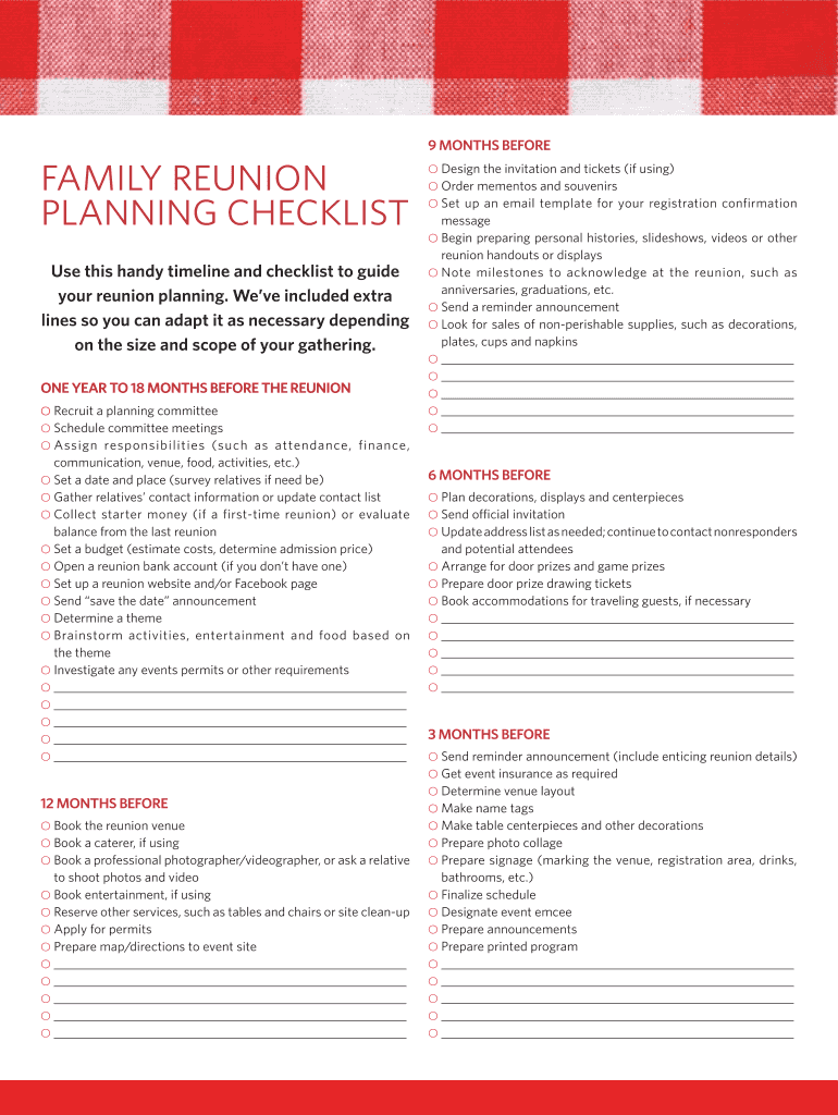 9 MOnths BefOre FAmIly ReunIOn PlAnnInG CheCklISt  Form