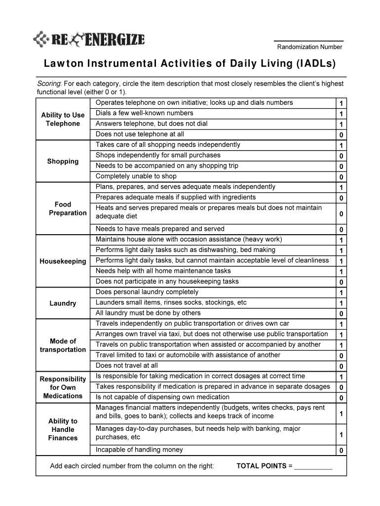 Lawton Instrumental Activities of Daily Living IADLs  Form