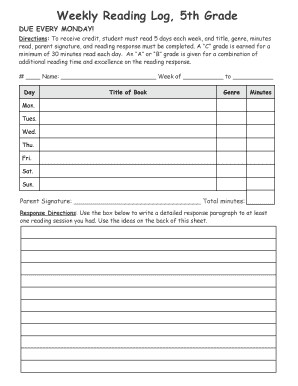 Weekly Reading Log 5th Grade Msjhs  Form