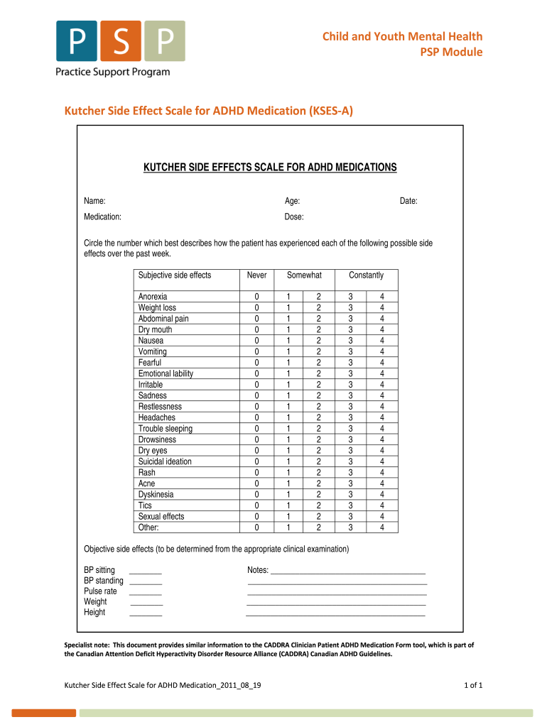  Kutcher Side Effect Scale for ADHD Medication KSES a  GPSC 2011-2024