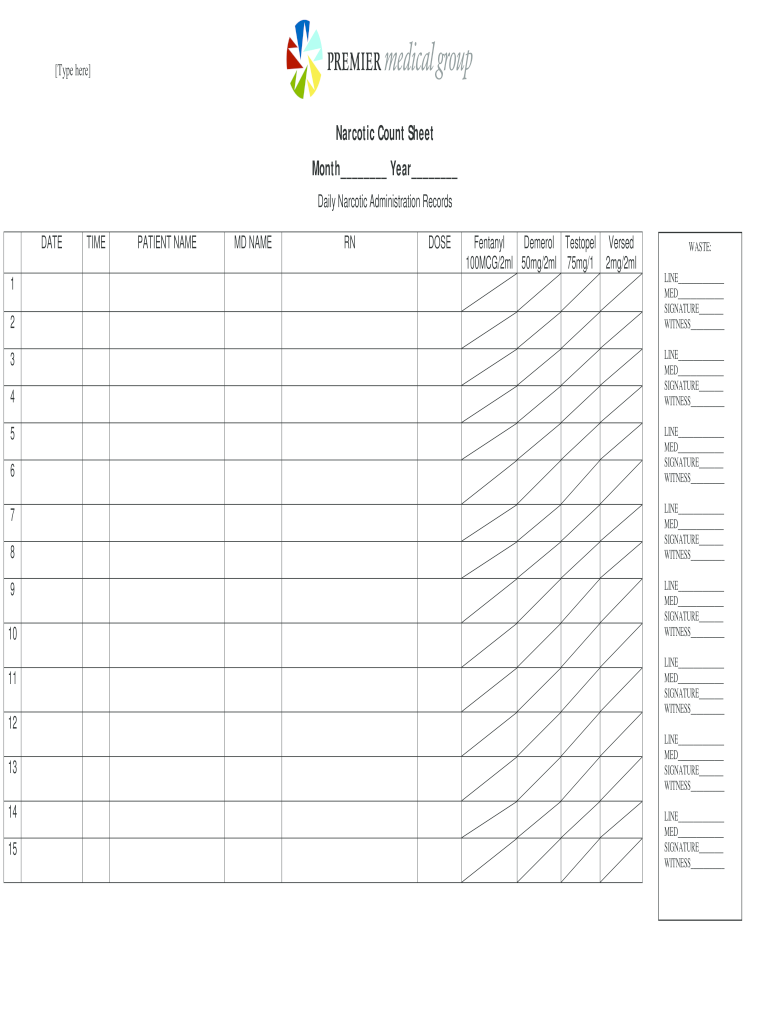 Narcotic Count Add and Subtract Form for Nurses