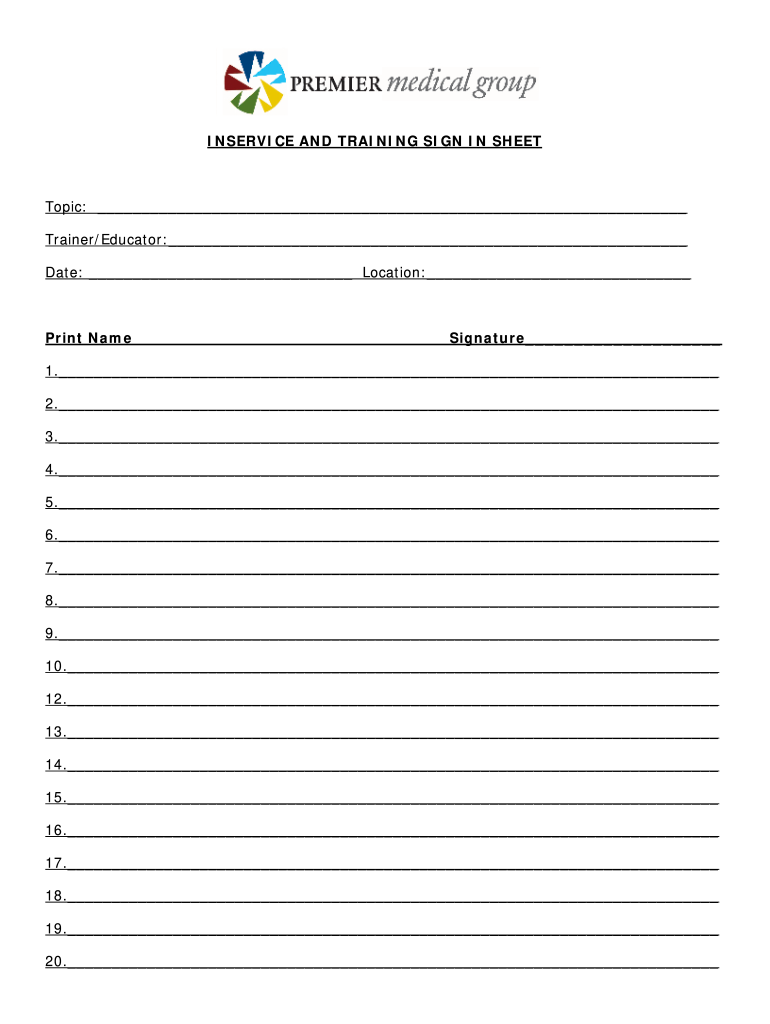 In Service Sign in Sheet PDF  Form