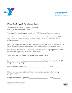 Ymca Minor Participants Permission Form