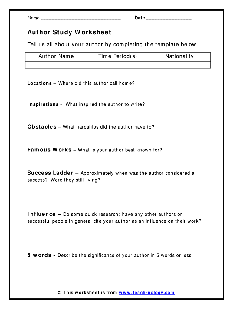 Author Study Worksheet PDF  Form
