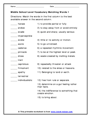 Middle School Level Vocabulary Matching Words 1 Answers  Form