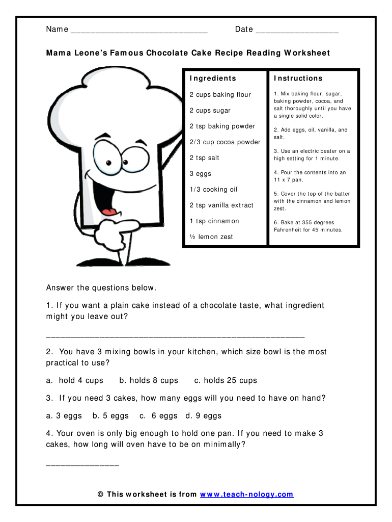 reading comprehension worksheets about cooking