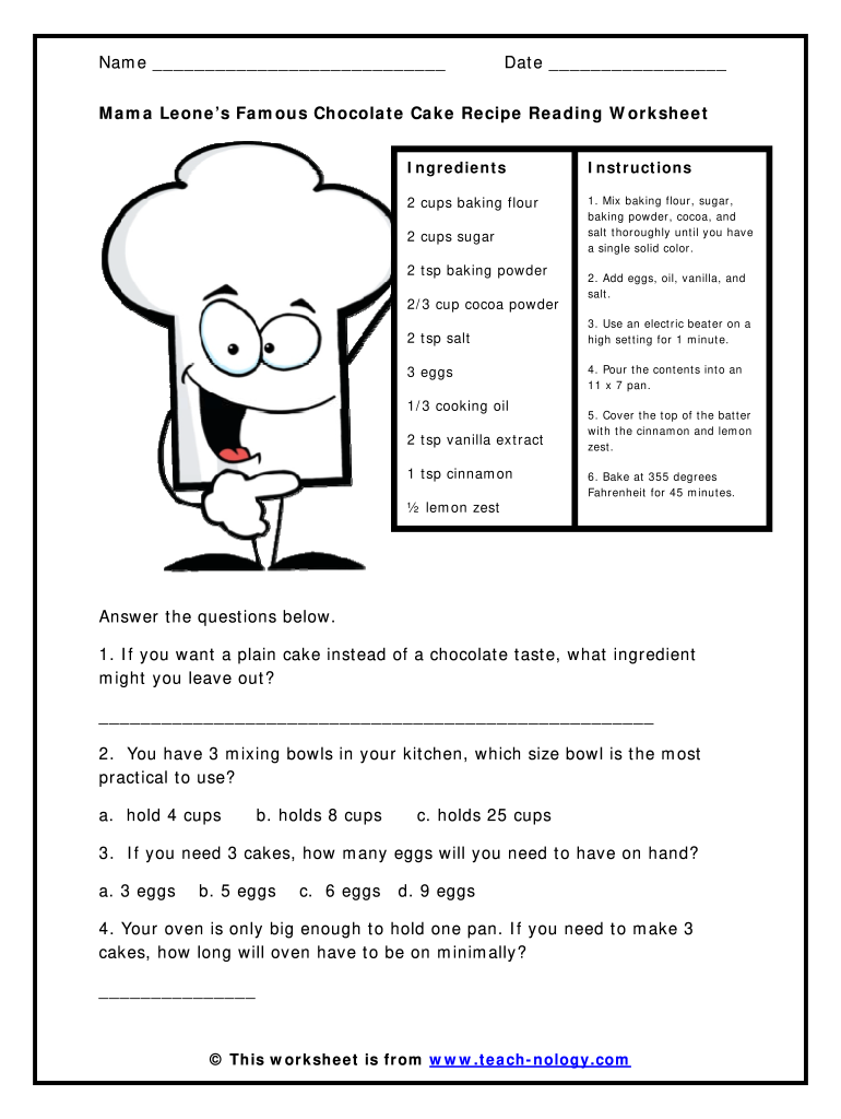 Reading a Recipe Worksheet PDF  Form