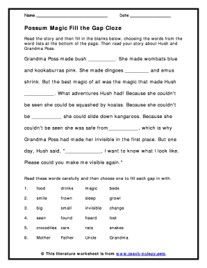 Possum Magic Worksheets  Form