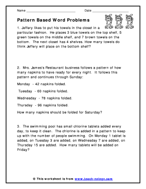 Number Pattern Word Problems Worksheets PDF  Form