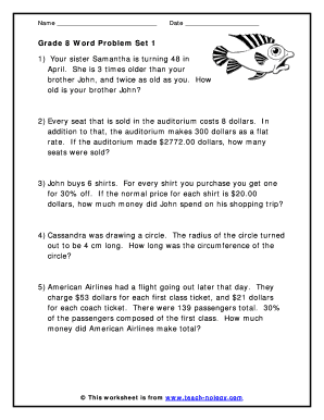 8th Grade Algebra Word Problems Worksheet  Form
