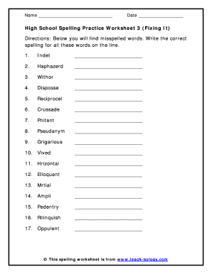 Spelling Worksheets High School PDF  Form