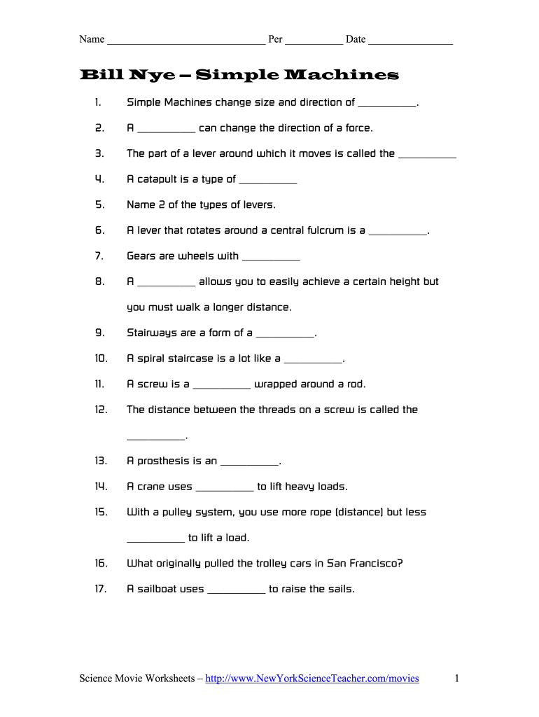 Bill Nye Simple Machines Worksheet Answers PDF  Form