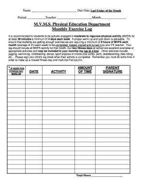 MVMS Physical Education Department Monthly Exercise Log  Form