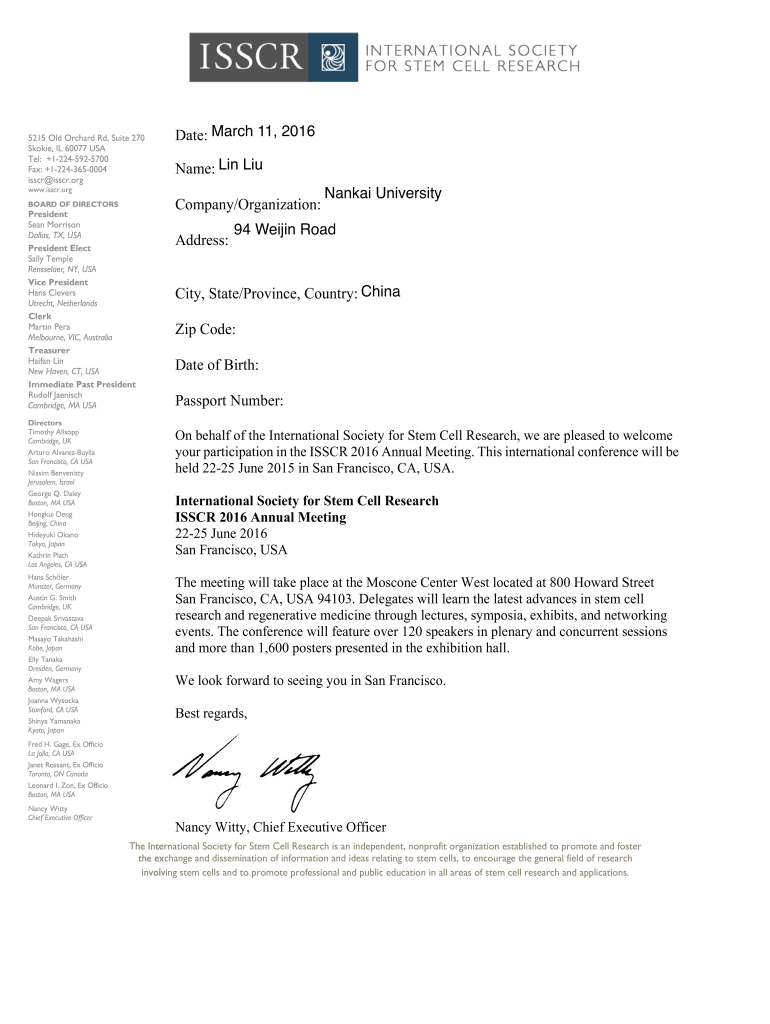 ISSCR Attendee Letter of Invitation  San Franciscopdf  Sky Nankai Edu  Form