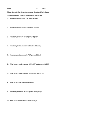 Mole Mass and Particle Conversion Worksheet  Form