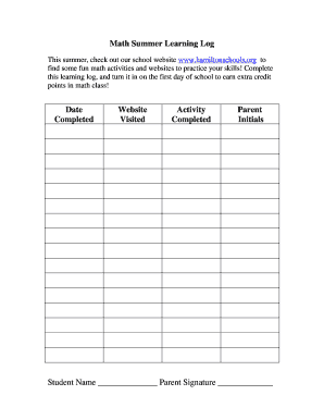 Math Summer Learning Log Hamiltonschoolsorg  Form