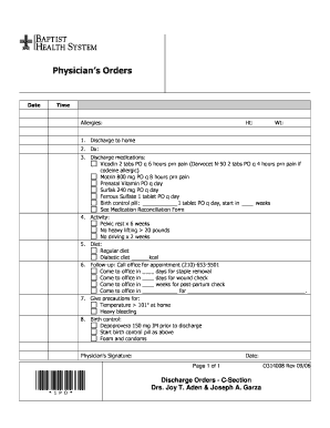 Discharge Orders C Section Baptist Health System  Form