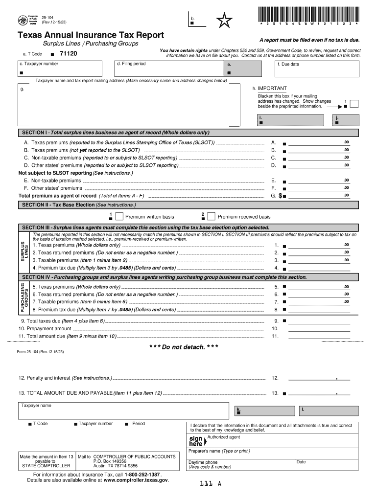  25 104 Annual Insurance Tax Report  Surplus Lines 2015