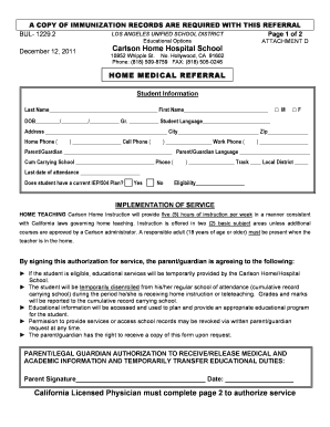 Referral Medical for Home Instruction Los Angeles Unified School Bb  Form