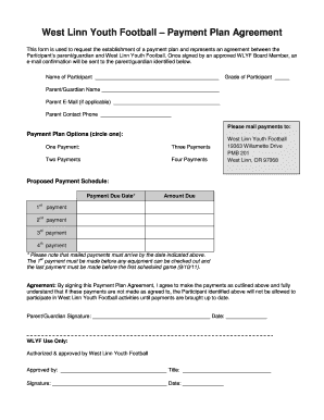 West Linn Youth Football Payment Plan Agreement  Form