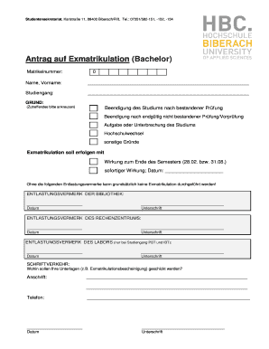 Antrag Auf Exmatrikulation Bachelor Hochschule Biberach Hochschule Biberach  Form