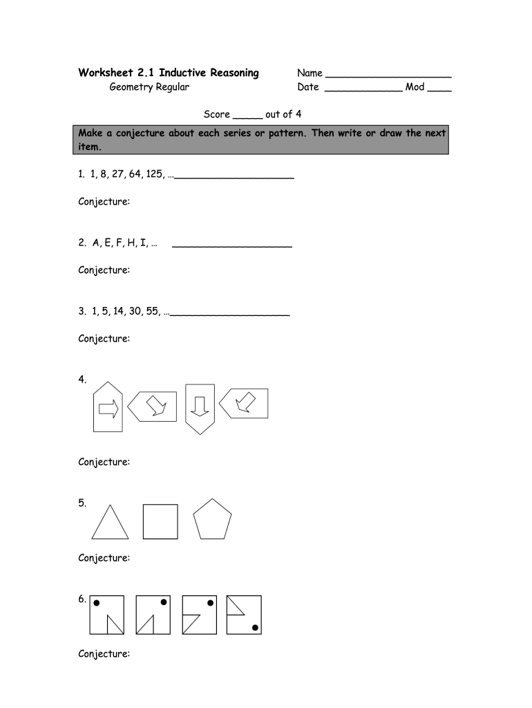 Inductive Reasoning Worksheet with Answer Key PDF  Form