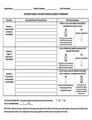 EXTENDED SCHOOL YEAR ESY SERVICES ELIGIBILITY WORKSHEET Seo Dc  Form