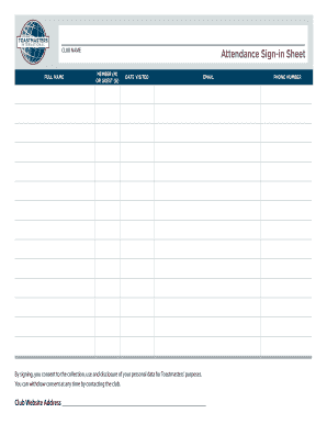 Toastmasters Attendance Sheet  Form