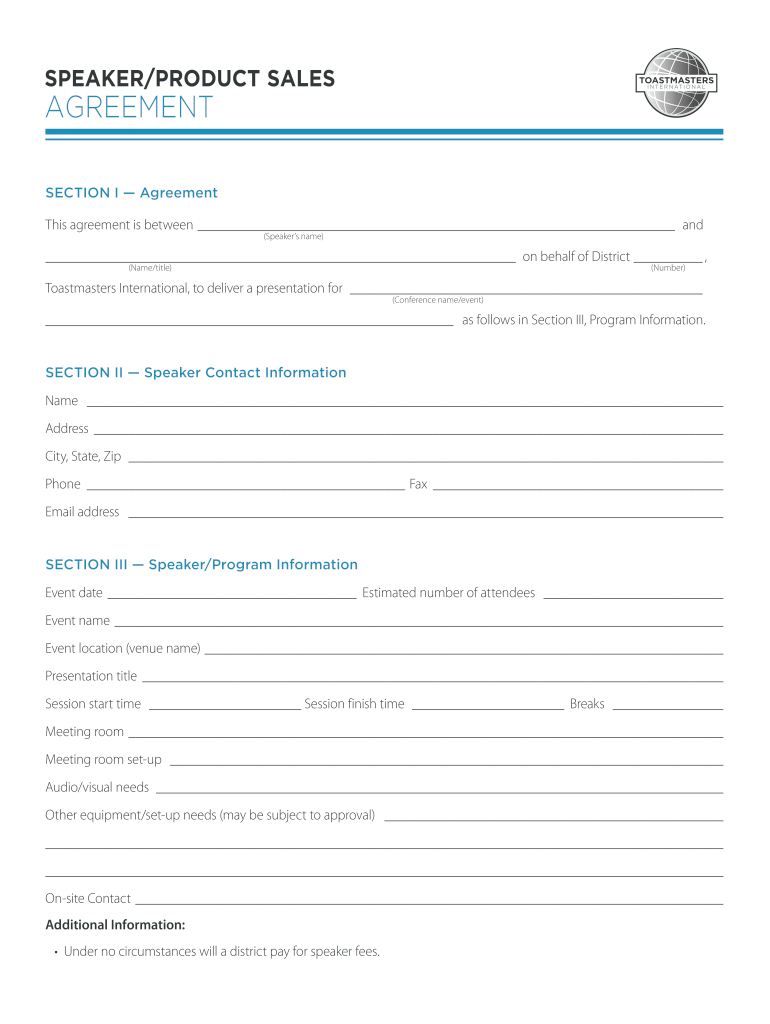 SPEAKERPRODUCT SALES AGREEMENT  Toastmasters International  Toastmasters  Form