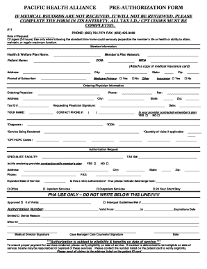 Pacific Health Alliance Auth Form