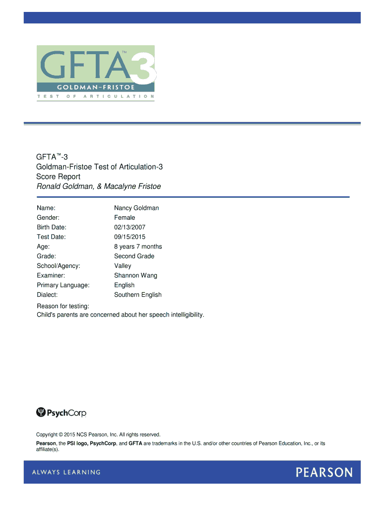 Goldman Fristoe Test of Articulation 3  Form