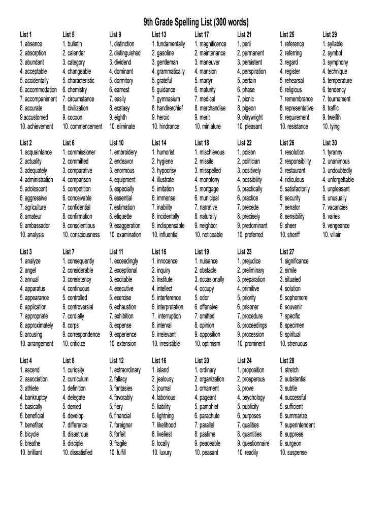 Spelling Bee Words  Form