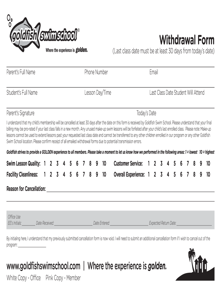 Withdrawal Form  Goldfishswimschoolcom