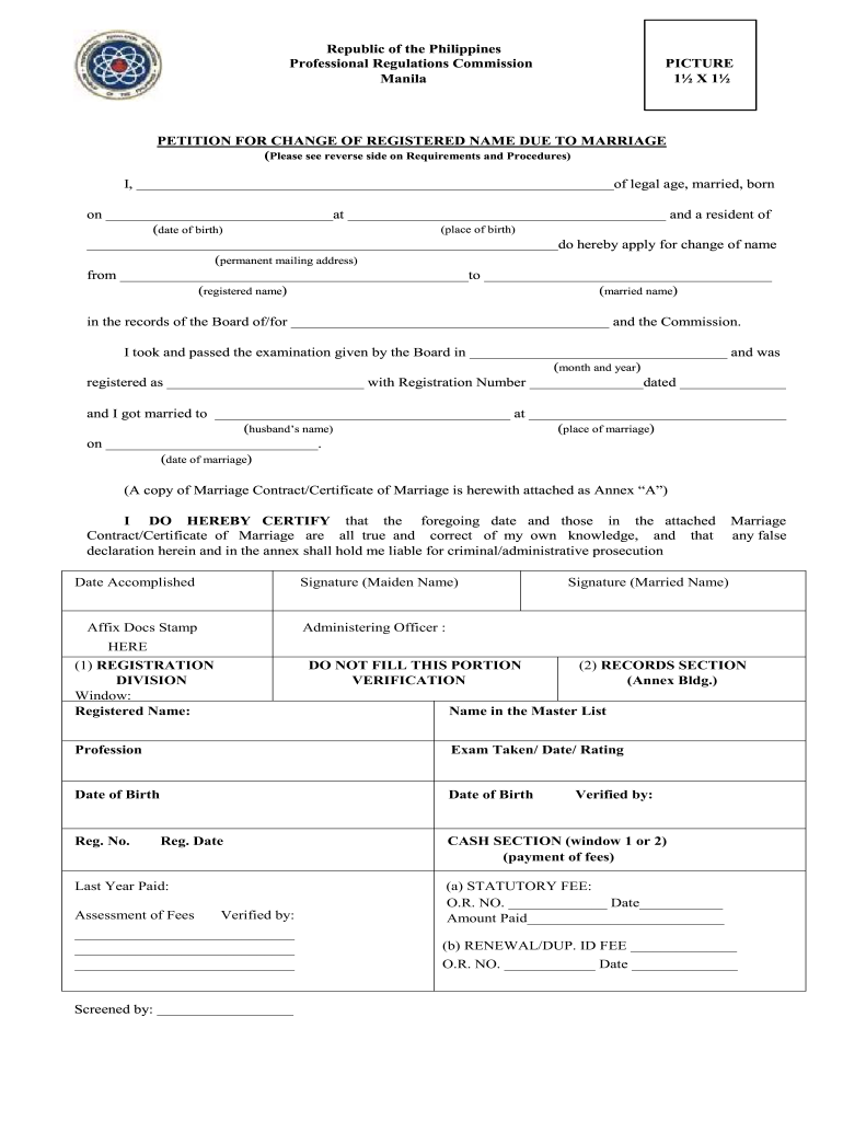  Sample Petition for Change of Registered Name Due to Marriage with Answer 2012