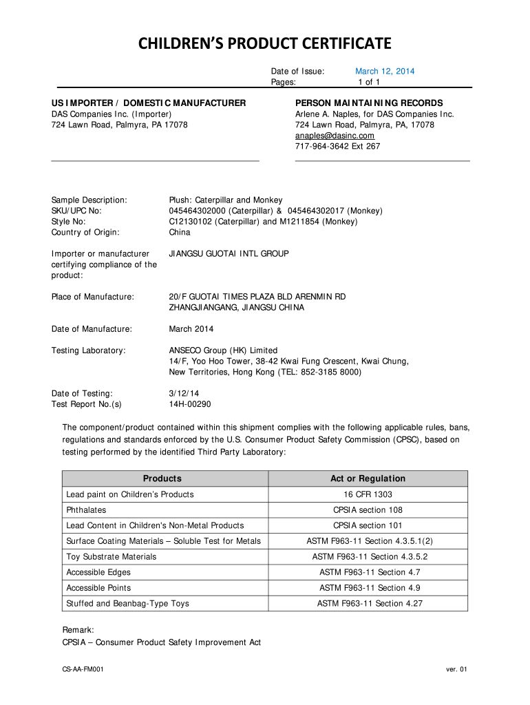 CHILDRENS PRODUCT CERTIFICATE  Form