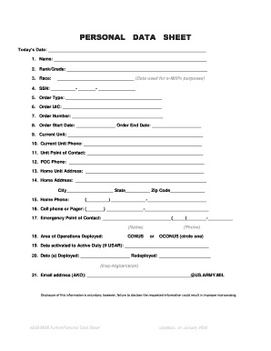 Army Personal Data Sheet PDF  Form