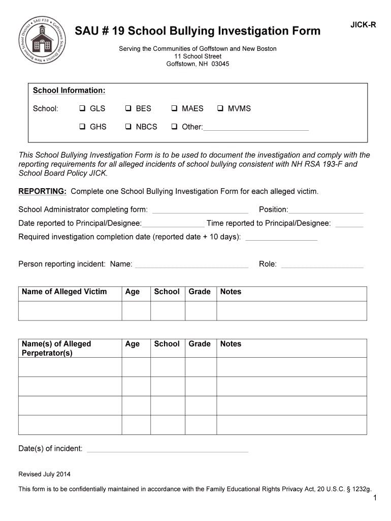  Texas Bullying Investigation Form 2014-2024