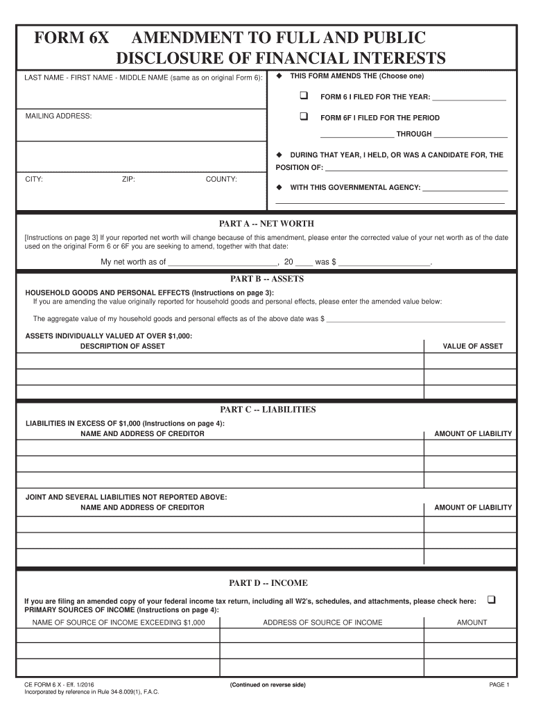  FORM 6X AMENDMENT to FULL and PUBLIC DISCLOSURE of FINANCIAL  Ethics State Fl 2016-2024