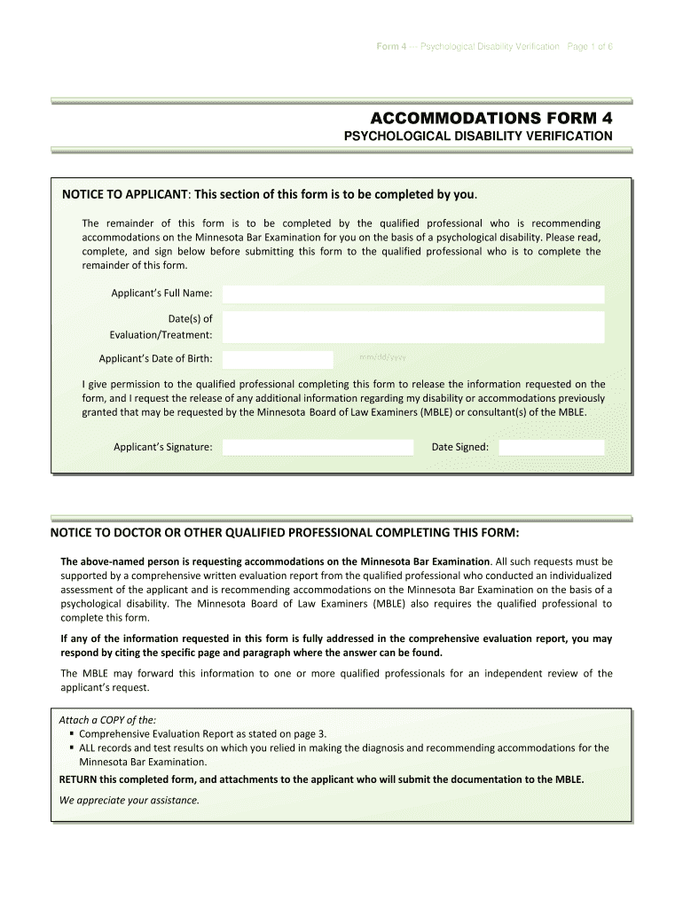 Form 4 Psychological Disability Verification Page 1 of 6 ACCOMMODATIONS FORM 4 PSYCHOLOGICAL DISABILITY VERIFICATION NOTICE to a