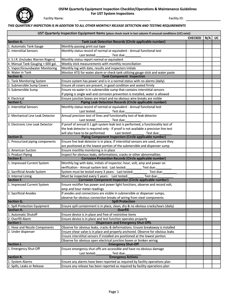 Osfm Quarterly Equipment Inspection Checklist  Form