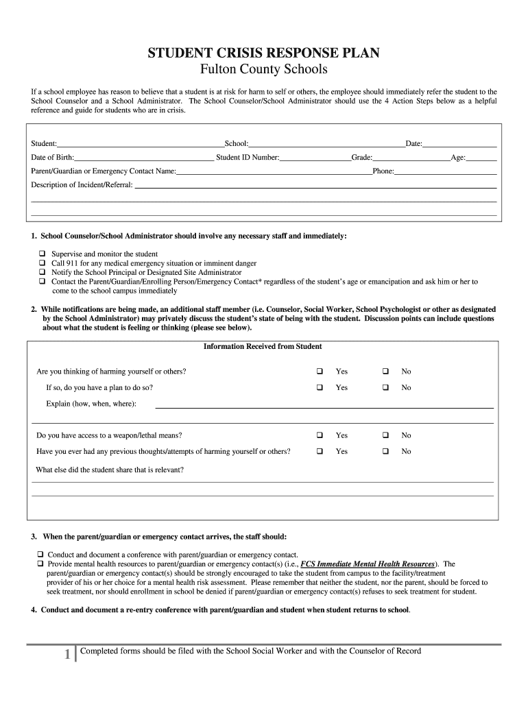 STUDENT CRISIS RESPONSE PLAN Fulton County Schools  Form