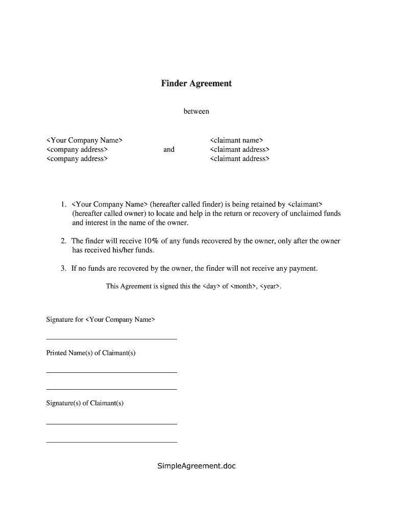 Finder Agreement Unclaimed Money Finder  Form